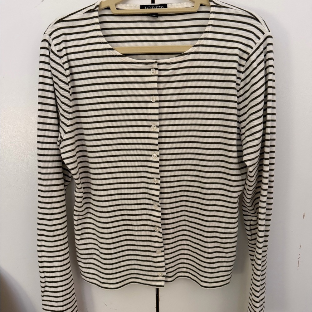 J. Crew Women's Green and White Striped Sweater Top